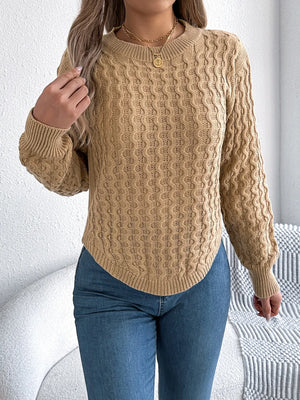 Women's asymmetric hem sweater front view casual outfit