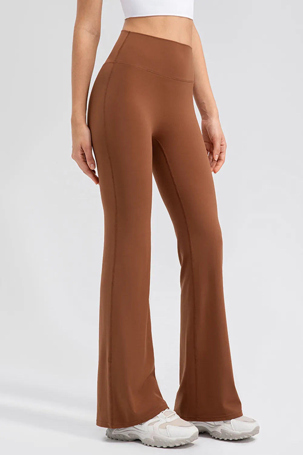front view highlighting overall fit and natural flare of the bootcut hem