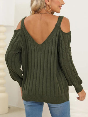 Back view of Cable-Knit V-Neck Long Sleeve Sweater