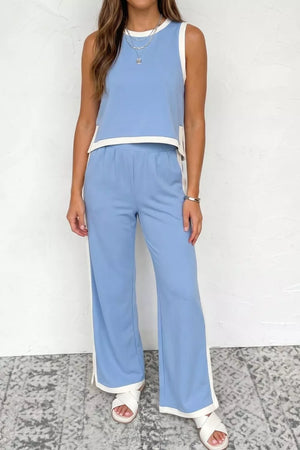 Front display of cropped tank and elastic waist pants two-piece set