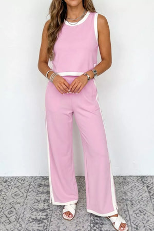 Front of colorblock trim cropped tank and shift pants set