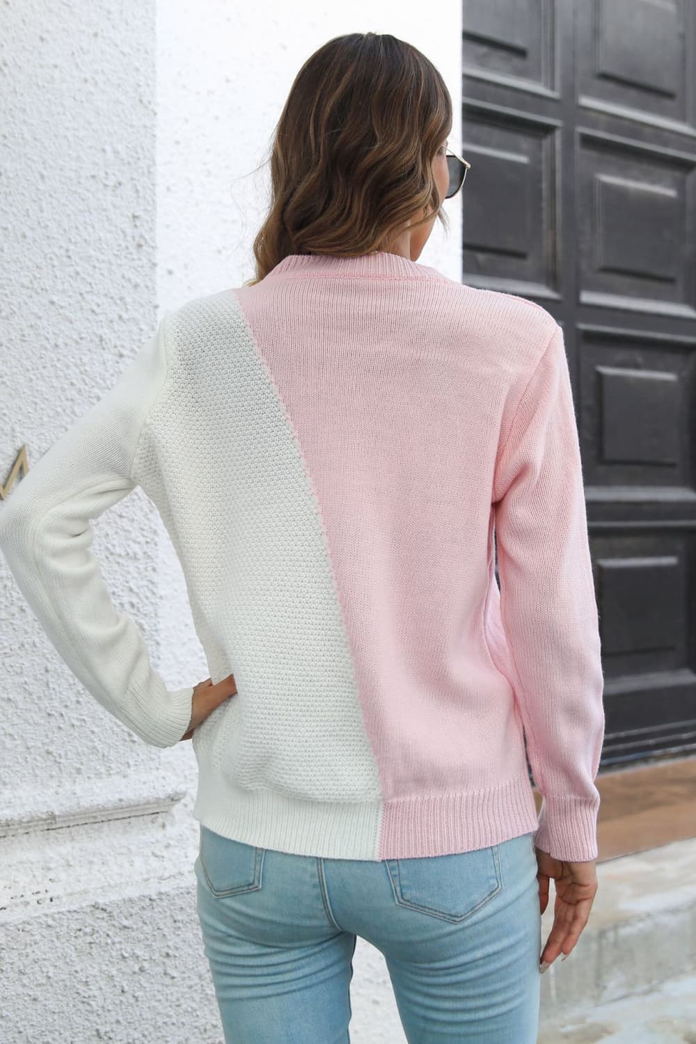 Back view of Contrast Color Round Neck Long Sleeve Sweater