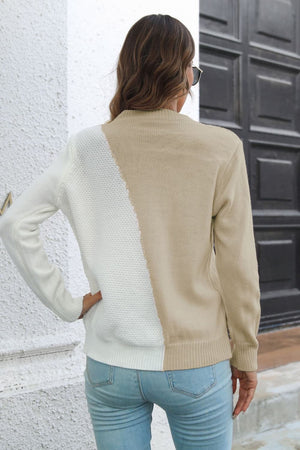Back view of Contrast Color Round Neck Sweater with long sleeves