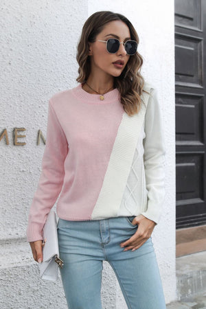 Front view of Contrast Color Round Neck Long Sleeve Sweater