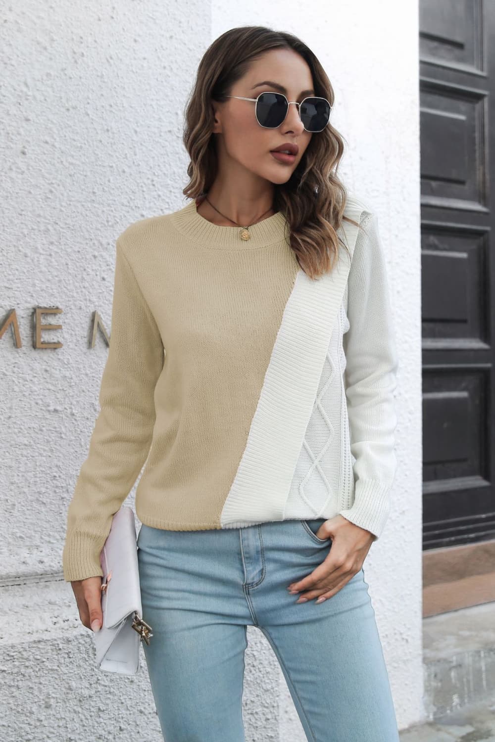 Full front view of Contrast Color Round Neck Sweater