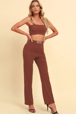 Front view of Chain Detail Cropped Cami and Straight Leg Pants Set