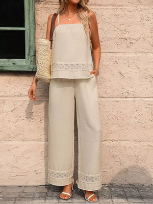 Front look of Lace Trim Cami and wide leg pants lounge outfit