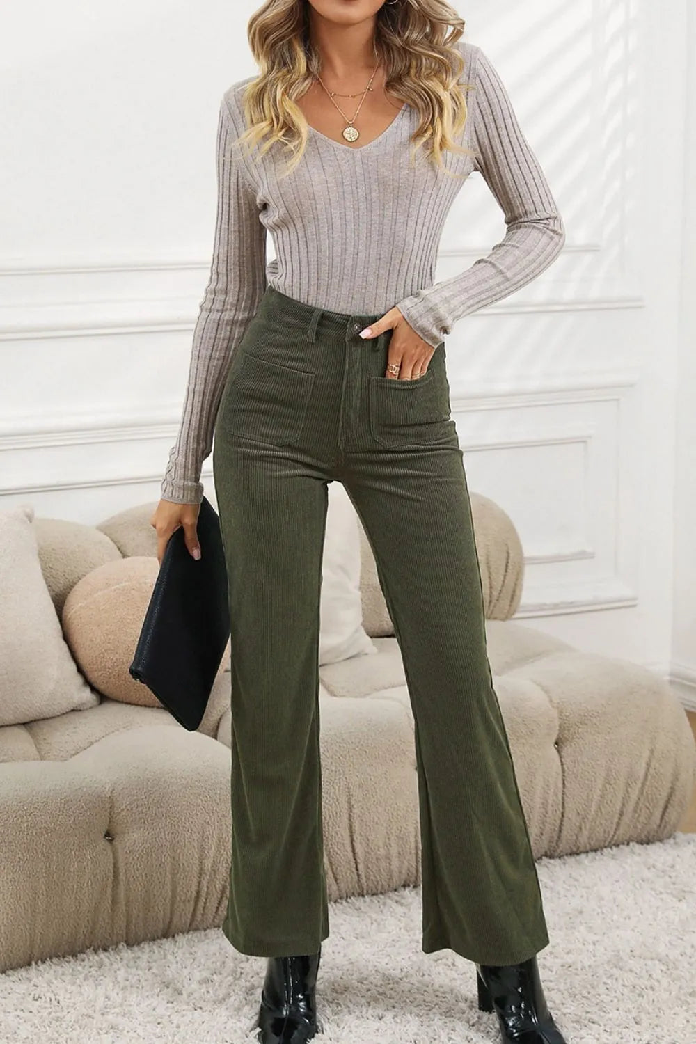 Front view showing high waist and square pockets