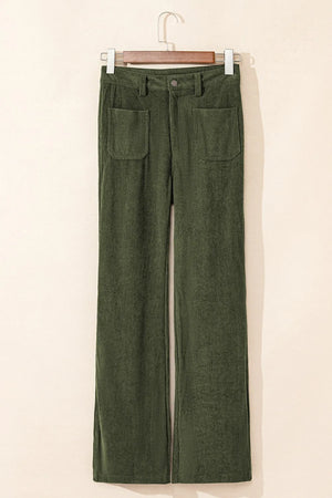 Full front view of green corduroy pants showing straight leg and high waist