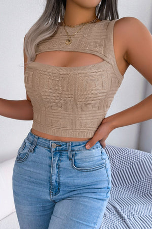 Elegant cutout sleeveless knit top front view lightweight knit fabric