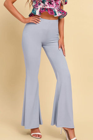 Pull on flared pants highlighting front fit and flared leg shape