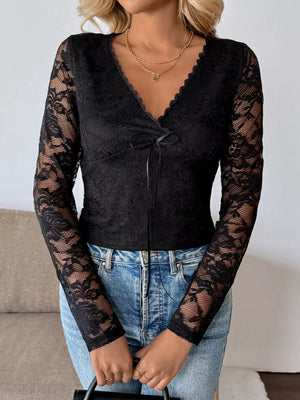 Long sleeve floral lace mesh cropped top front view