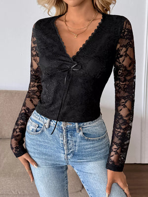 Floral lace mesh cropped top long sleeve front style
