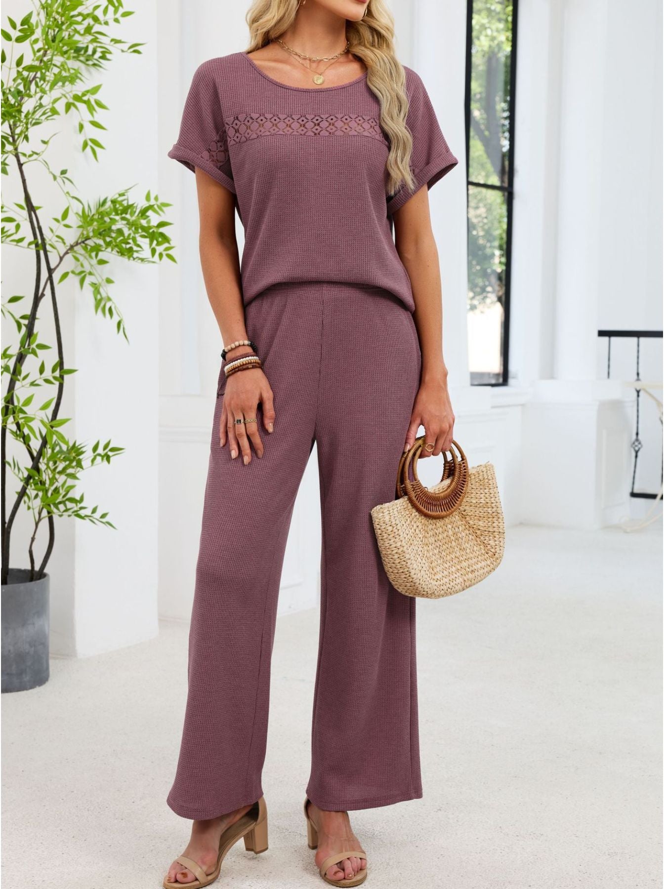 lace detail short sleeve top and pants set front view elegant outfit