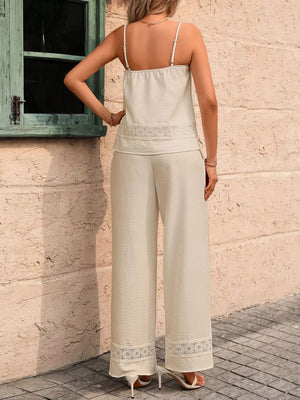 Back view of Lace Trim Cami and Wide Leg Pants Set