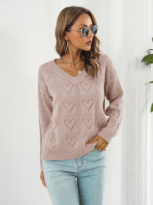 Elegant women's knit sweater V-neck openwork front