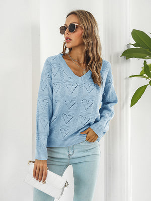 Openwork V-neck sweater front view stylish women's knitwear
