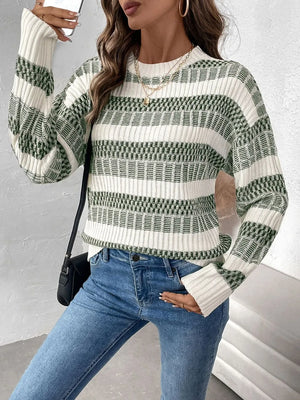 Close-up of Perfee Contrast Round Neck Long Sleeve Sweater front