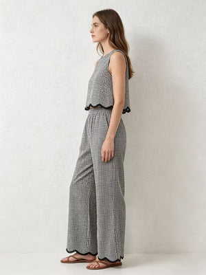 Side angle view of Plaid Scalloped Trim Tank and Pants Set