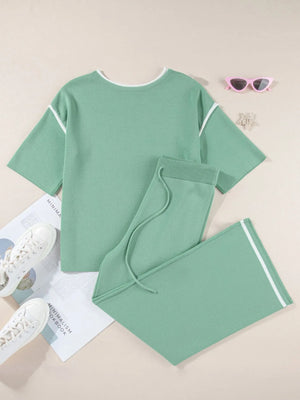 Relaxed fit contrast trim t-shirt and pants outfit