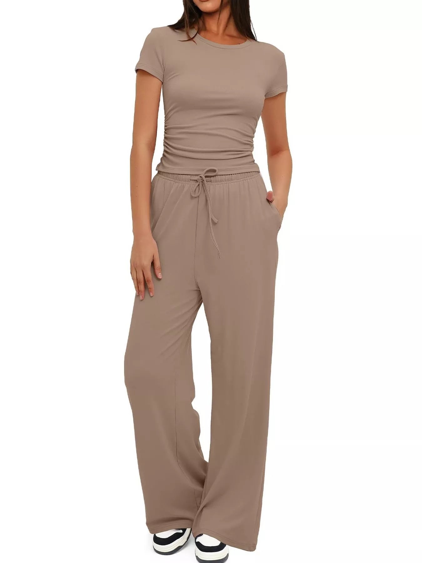 Front view of Round Neck Short Sleeve T-Shirt and Pants Set