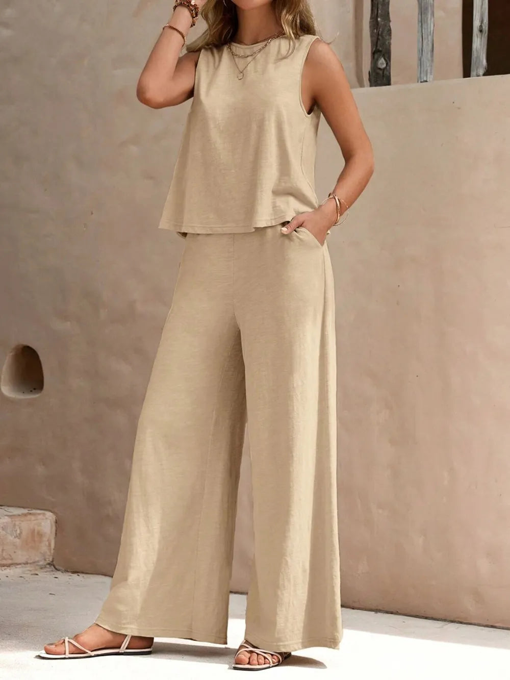 Round neck sleeveless top and wide leg pants set front view