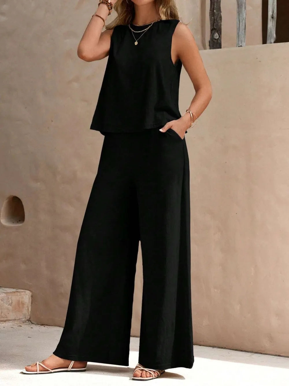 Full length round neck sleeveless top and wide leg pants set