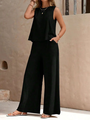 Full length round neck sleeveless top and wide leg pants set