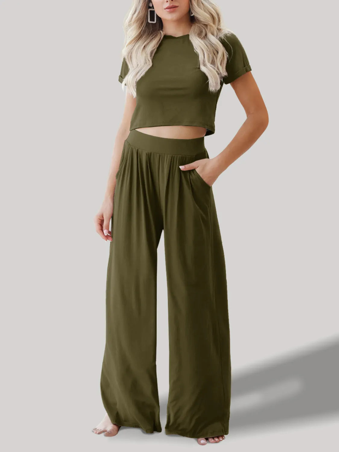 Front view of round neck short sleeve top and pants set