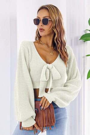 Chic bow V-neck cropped sweater front