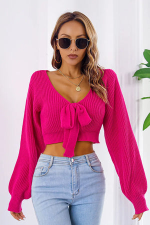 Bow detail V-neck cropped sweater front look