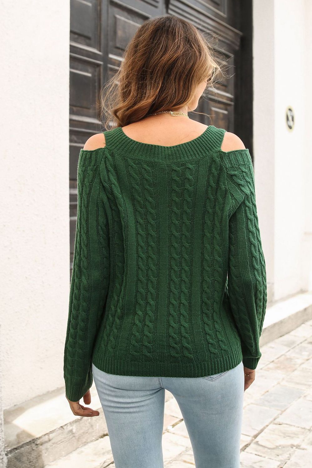 cold shoulder cable knit sweater back view women's winter knitwear