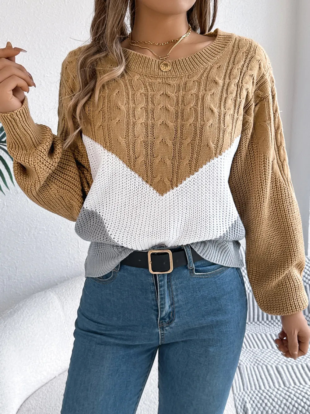Cable knit color block round neck sweater front view stylish casual wear