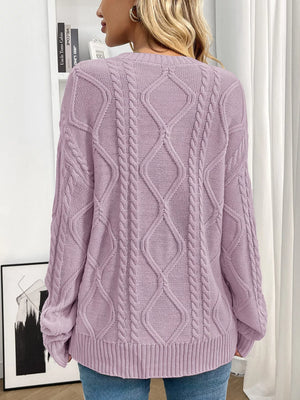 back view cable knit round neck long sleeve sweater