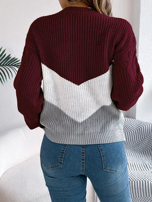 Back view cable knit color block sweater soft fabric design