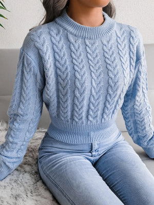 textured cable knit round neck sweater front view
