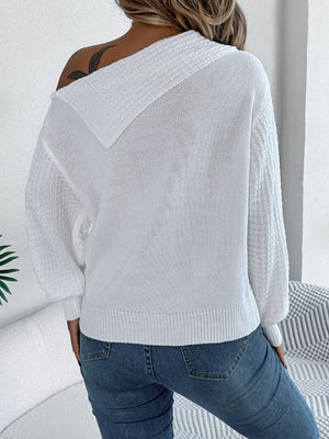 Back view of cable knit one shoulder sweater textured design