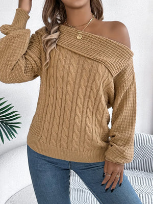 Front side of trendy one shoulder cable knit sweater for women