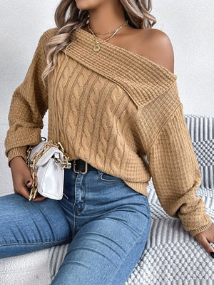 Modern one shoulder long sleeve sweater front soft knit texture