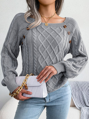 trendy winter sweater cable knit front detail buttons