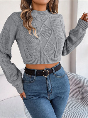 Full front view of round neck cropped sweater