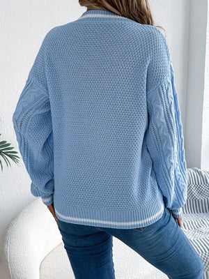 Cable knit V-neck sweater back view long sleeve cozy fit