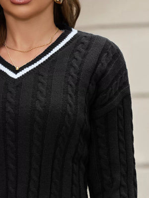 classic cable knit v neck sweater front elegant winter look