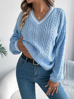 Cable knit V-neck long sleeve sweater front stylish winter look