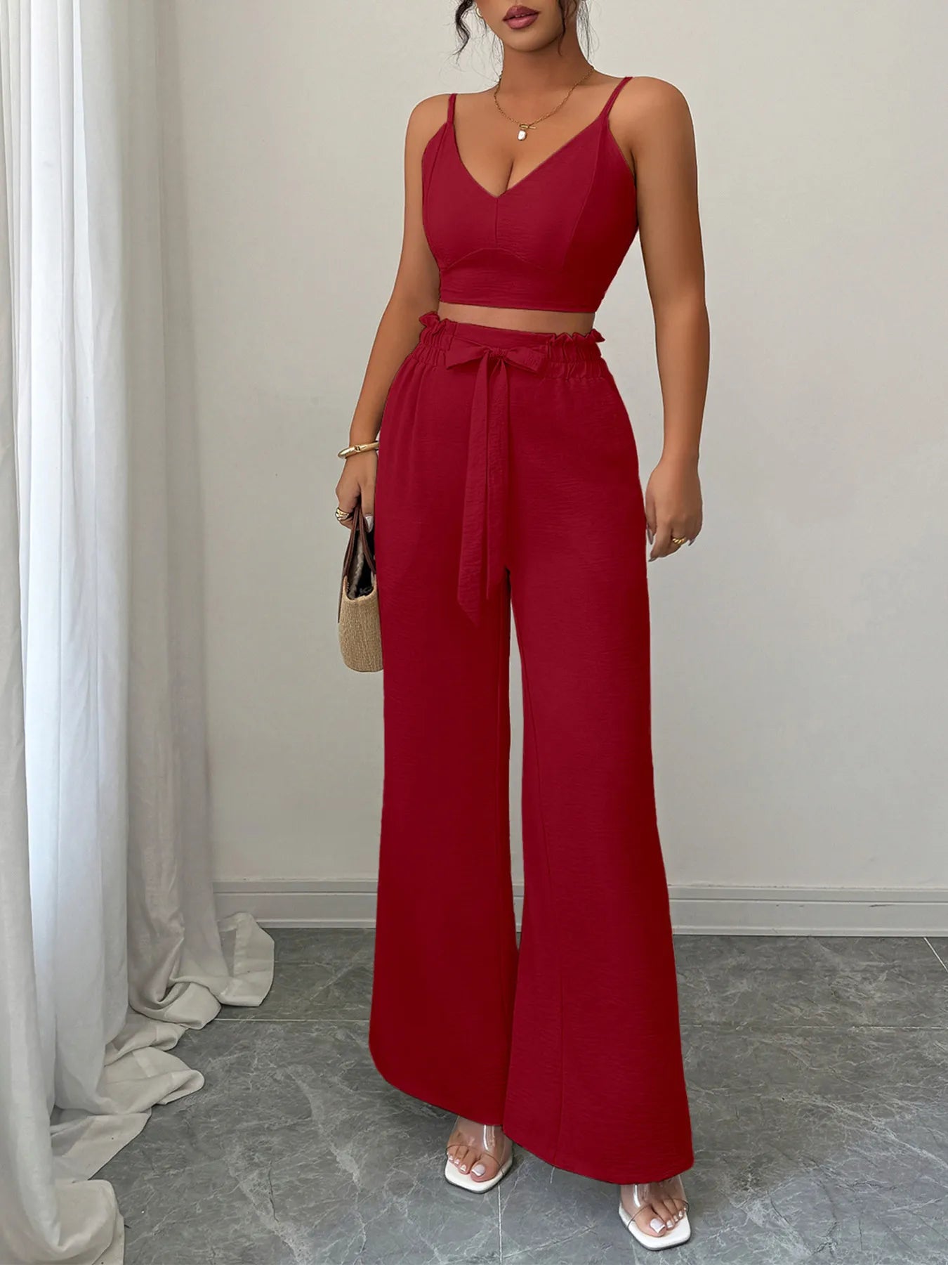 Elegant women cami and wide leg pants set front styling