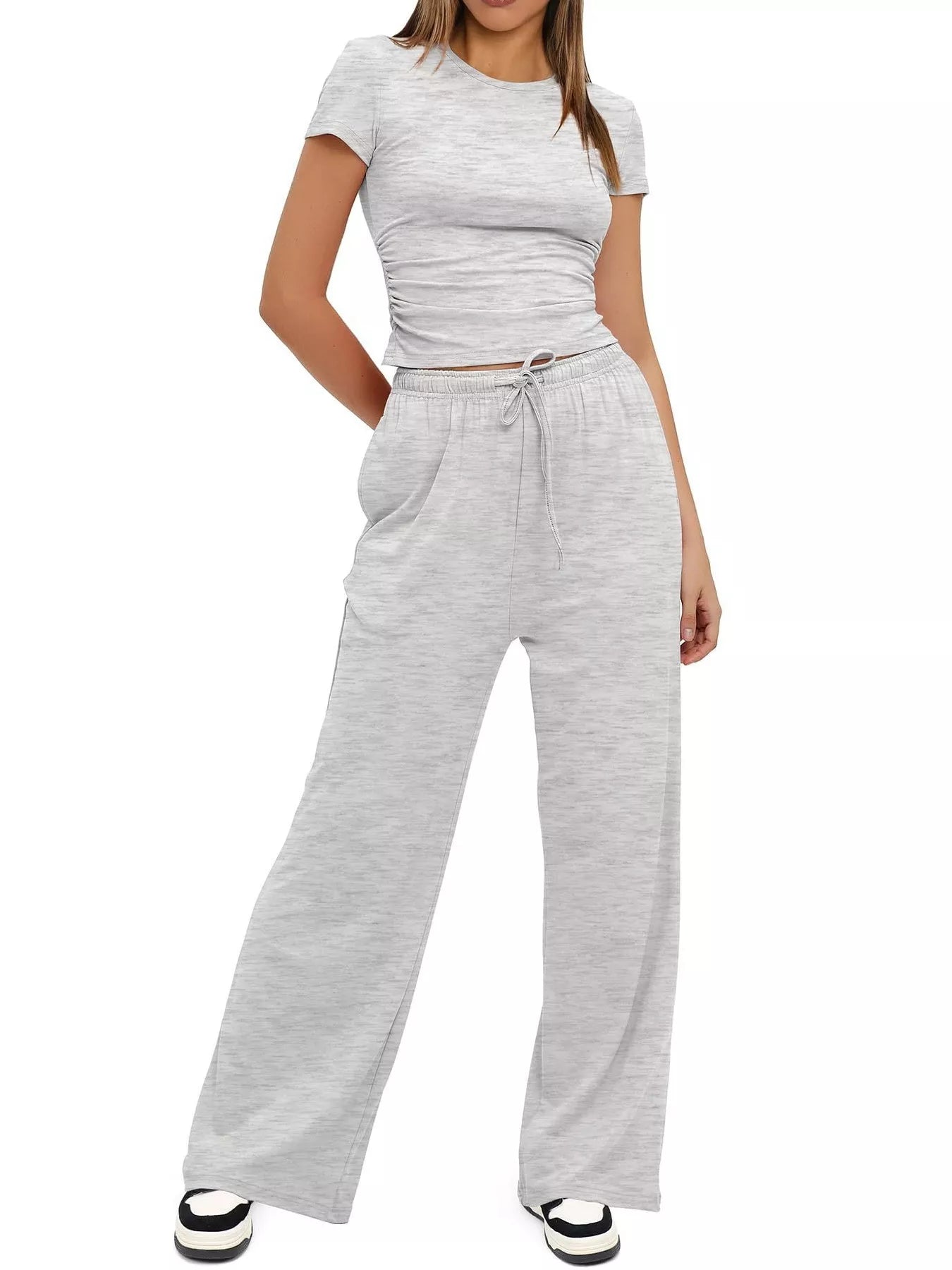 Front view of short sleeve top and drawstring pants set