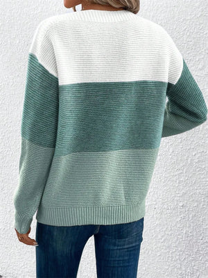 Back view of color block drop shoulder sweater
