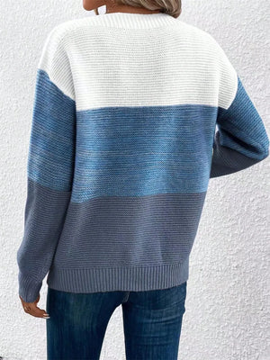 Back view of modern colorblock knit sweater