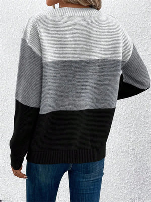 Rear perspective of color block long sleeve sweater