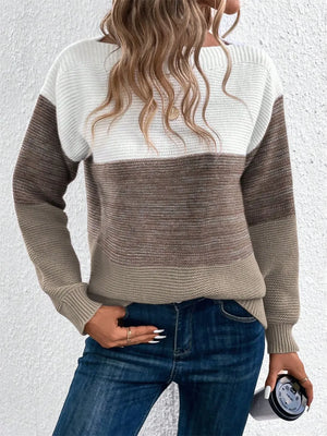 Close-up of knitted color block sweater texture